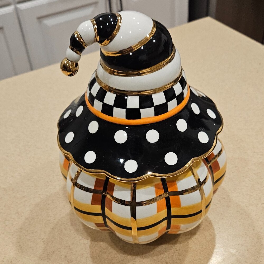 RARE MACKENZIE CHILDS CERAMIC TARTAN SPICE PLAID HALLOWEEN PUMPKIN THANKSGIVING